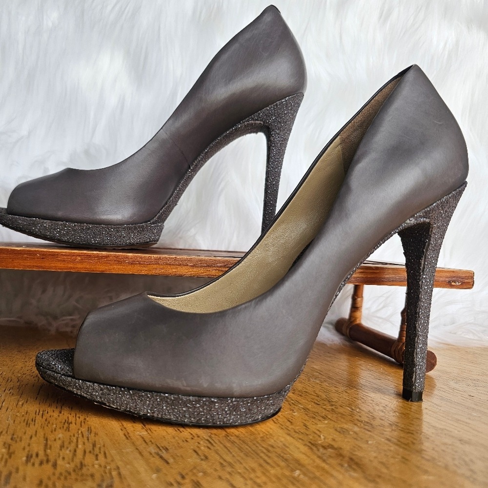 Brian Atwood B Fevora Pump Womens 9.5 Grey Leather Glitter Platform Peep Toe